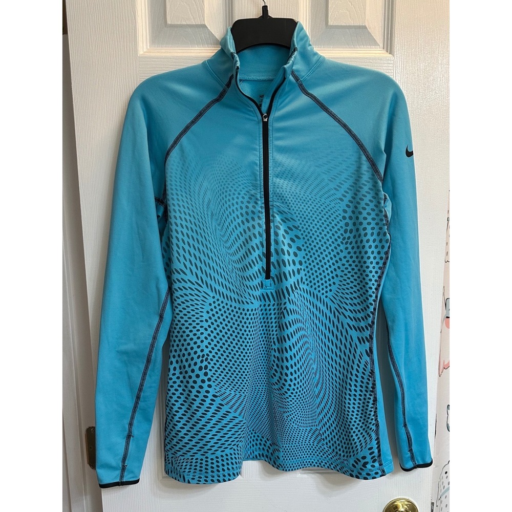 Nike Pro Womens Blue Black Dot Pattern Quarter Zip Long Sleeve Training Top M - Picture 2 of 10